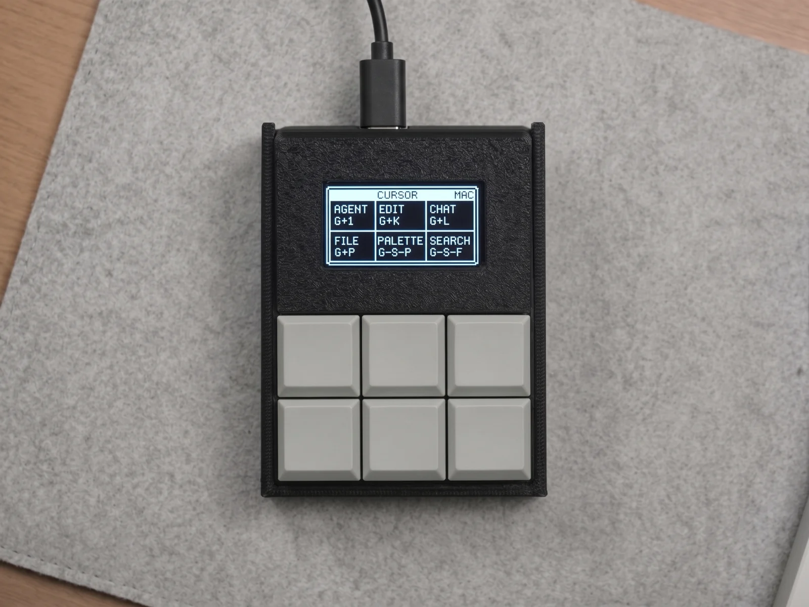 Top-down view of Softpad's 2 by 3 key layout and OLED showing configured labels.